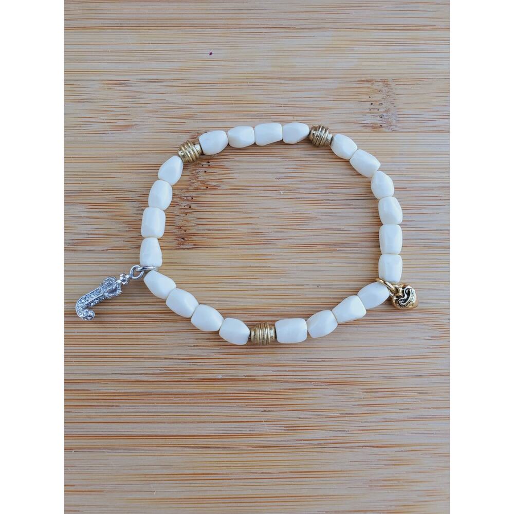 Juicy Couture White Beaded Stretch Bracelet Gold & Rhinestone Charms 7.25"